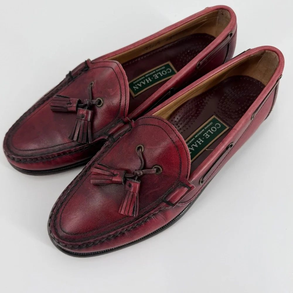 Cole Haan Mens Burgundy Leather Tassel Loafers Handsewn Dress Shoes 8.5 D